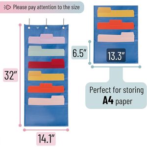 Hanging Wall <b>File</b> Organizer 6 Pocket Blue With 3 Stainless Steel <b>Hangers</b> For Office Storage Behind Doors Or On Walls - Product Image 2