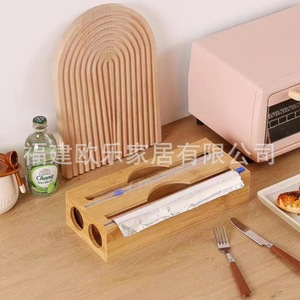 Minimalist wall-mounted bamboo and <b>wood</b> kitchen foil storage box with concealed <b>slicing</b> knife and two-way cling film cutter, - Product Image 4