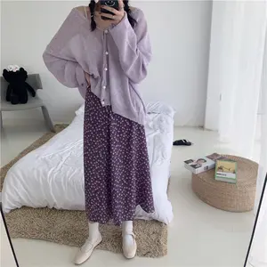 Autumn Winter Full Sleeve Womens Outfits Single Breasted Knitted Sweater and High Waist Long Floral Skirt 2 Piece Set