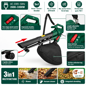 Souffleur de feuilles électrique 3000W, aspirateur et broyeur 3-en-1, balayeuse de feuilles de jardin avec sac de grande capacité pour pelouse et cour - Product Image 3