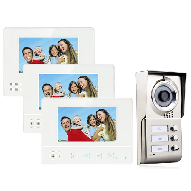 7inch Color Screen 3 Apartment Family Waterproof Video Door Phone Intercom System 1 Doorbell Camera with 3 Button 3 Monitor