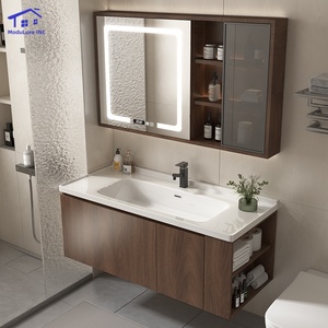 Meuble de salle de bain intelligent marron avec vitrine en verre, lavabo blanc, armoire murale - Product Image 4