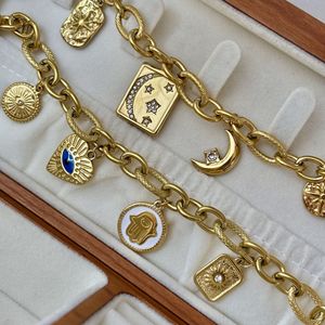 Cadena cubana clásica de acero inoxidable sin deslustre con incrustaciones de circón ojo estrella corazón <span class=keywords><strong>Tarot</strong></span> tarjeta encanto colgante pulsera conjunto - Product Image 2