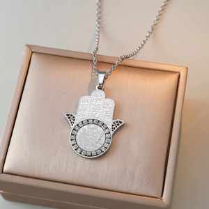 Collar de Moda Religiosa Musulmana Árabe con Colgante de Acero Inoxidable con Diseño de Ayatul Kursi, <span class=keywords><strong>Palma</strong></span> y Zirconia, para Eid - Product Image 4