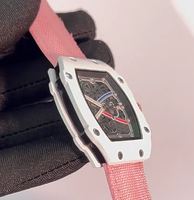 Montre-bracelet unisexe à quartz ultra-fine 9 mm, cadran squelette évidé léger, bracelet en nylon rose, style mode