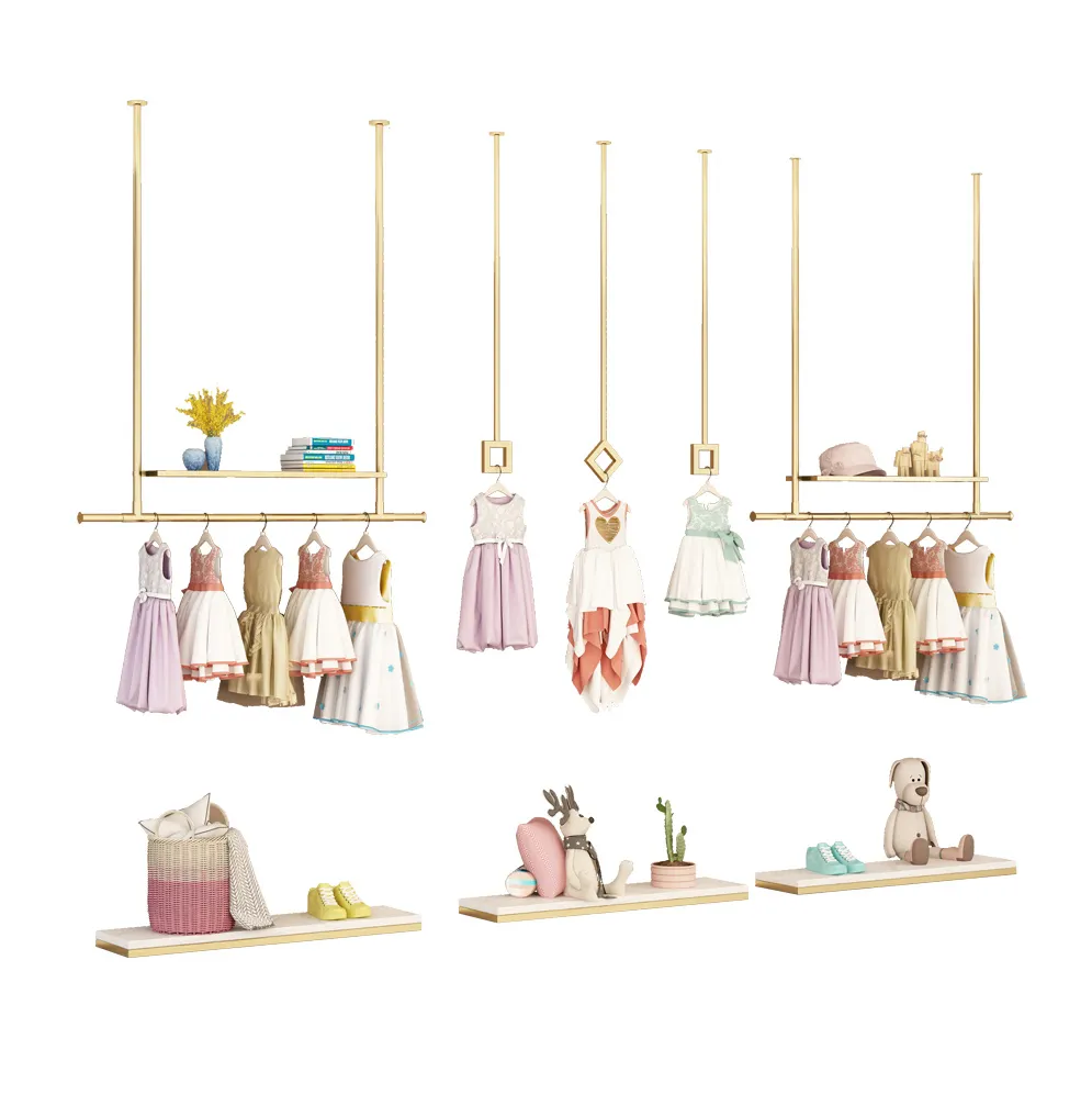 Kids Ceiling Clothing Rack Boutique Stainless Steel Shiny Gold Children Clothes Stand Baby Garment Cloth Store Shelves Display