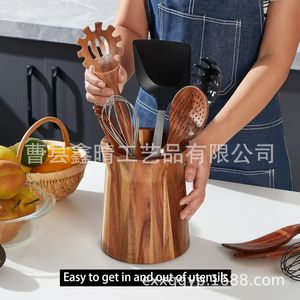 Porta utensilios de cocina de madera de acacia, barril de almacenamiento de madera maciza para herramientas de cocina, decoración estilo granja - Product Image 2