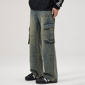 Jeans cargo pour homme sur mesure, lavage clair, jambe large et droite, pantalon baggy, grande poche, style streetwear, denim pour homme - Product Image 6