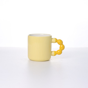 <b>Ceramic</b> Mug Solid Color Ribbed Design With Beaded Handle Gift <b>Cup</b> For Coffee Tea Water Office Use - Product Image 4