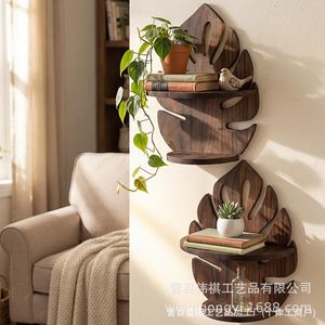 Wooden Leaf Shaped Wall <b>Shelf</b> Double Layer Storage <b>Rack</b> For Books And Plants Retro Color Durable - Product Image 1