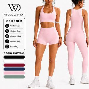 Conjunto de Yoga de 2 Piezas con Logotipo Personalizado para Mujer, Top Corto con Ribete en Contraste y Pantalones Cortos de Cintura Alta con Efecto Levanta Glúteos, Conjunto Deportivo para Gimnasio, Entrenamiento, Running y Fitness - Product Image 1