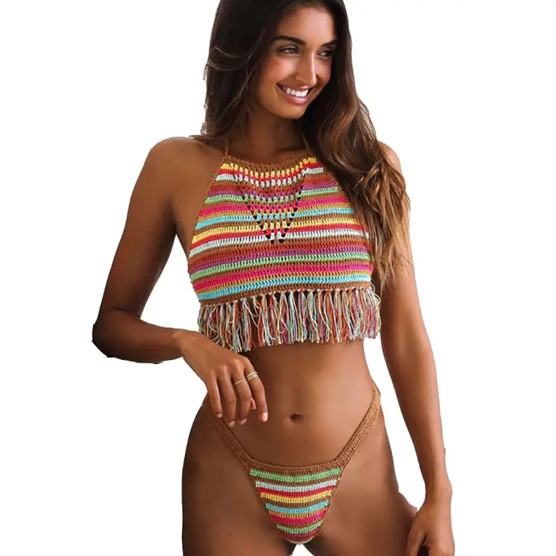 2023 new Women's Crochet Triangle Sexy Brazilian Bikini Top and Bottom Knitting Two Piece Swimsuit
