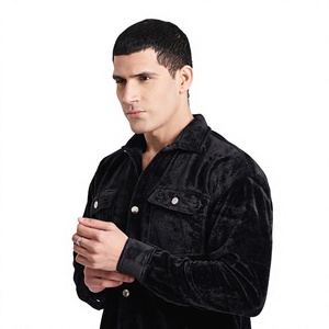 <b>Men's</b> Black <b>Velvet</b> Button Up <b>Jacket</b> Regular Fit Solid Color Casual Autumn Wear Long Sleeve Pocket Design - Product Image 3