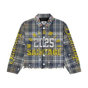 <span class=keywords><strong>Haut</strong></span> <span class=keywords><strong>de</strong></span> <span class=keywords><strong>gamme</strong></span> personnalisé 100% pur coton 220 grammes Style décontracté Plaid chaud-fixe strass survêtement lavé flanelle ensemble court - Product Image 2