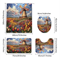 Ensemble de rideaux de douche modernes en tissu imperméable à motif floral, 4 pièces, en polyester, design sans crochets, crochets attachés, facile à laver en machine