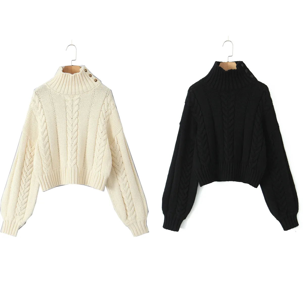 2 colorway solid color twist pattern stand collar side buttons casual fashion women's knit sweater