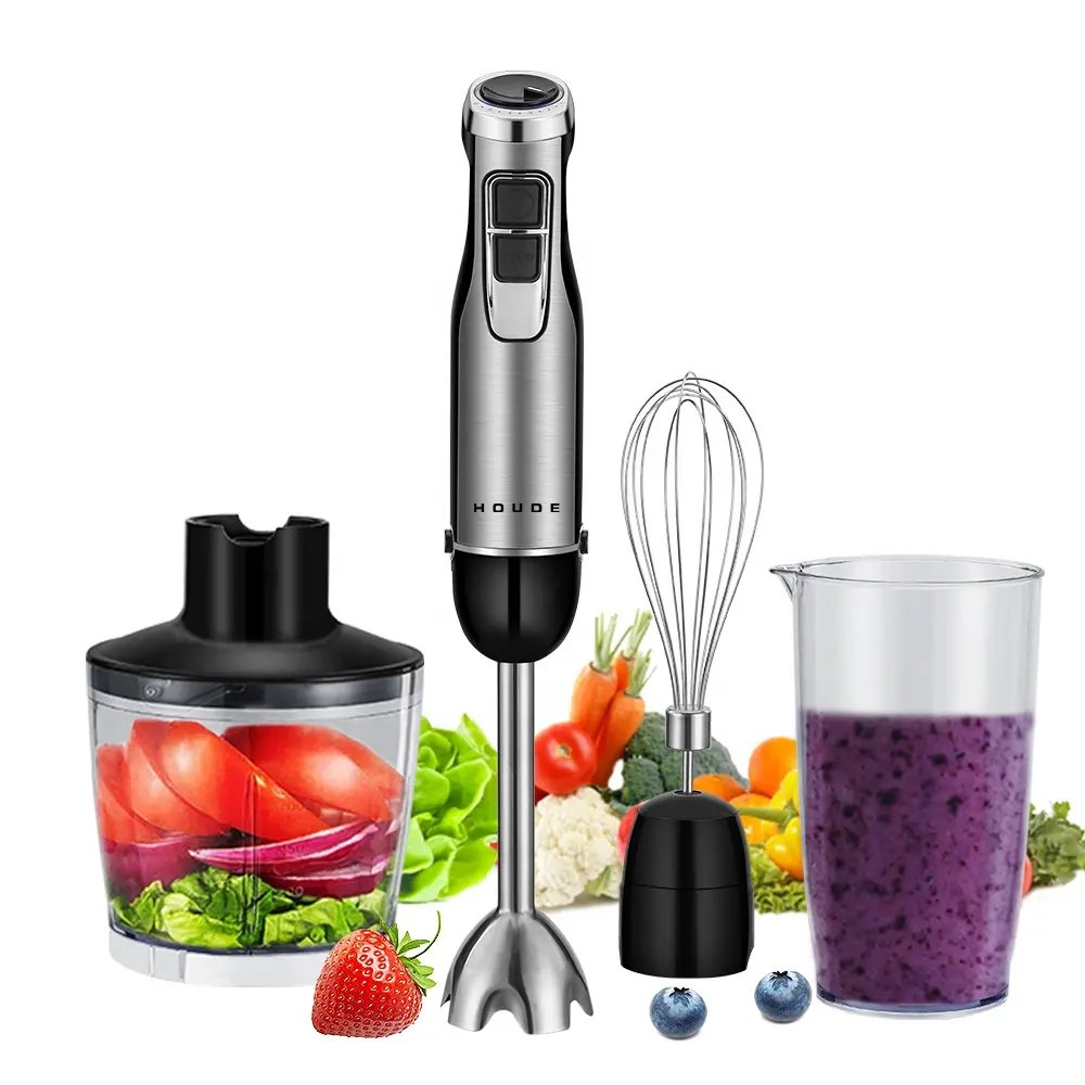 Mixer Blender Stik Tangan Celup 4 In 1, Daya Tinggi 1200W, Termasuk Pisau Es Baja Tahan Karat, Cangkir Cincang dan Smoothie