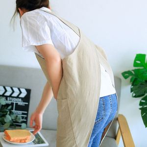 Nouvel article : Tablier en lin tendance de style japonais, taille personnalisée, tabliers croisés au dos pour femmes avec 2 poches - Product Image 3