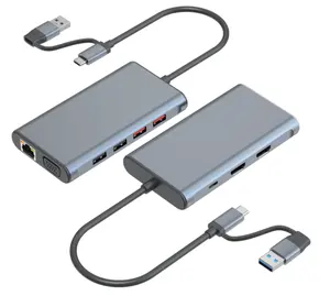 듀얼 커넥터 유형 c 및 USB 3.0 VGA 및 RJ45 도킹 스테이션 9 in 1 HD 비디오 어댑터 허브 (PD 충전 포함) 두 개의 hdmies 포트