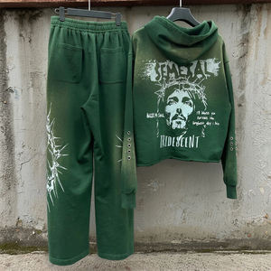 ชุดวอร์มผ้าคอตตอนมีฮู้ดสำหรับผู้ชายกางเกงวอร์มผ้าคอตตอนซักกรดกางเกงวอร์มทรงหลวมผ้าเทอร์รี่มีซิปรูดซิปประดับพลอยเทียม - Product Image 2