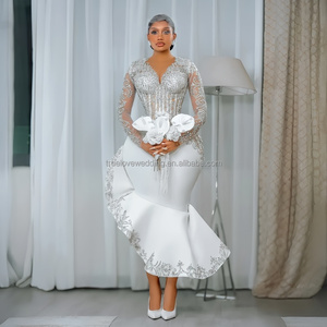 <span class=keywords><strong>Robe</strong></span> <span class=keywords><strong>de</strong></span> mariée personnalisée, nouveau style, <span class=keywords><strong>luxe</strong></span>, <span class=keywords><strong>blanche</strong></span>, à paillettes, longueur genoux, col en V profond, dentelle, manches longues, satin - Product Image 1