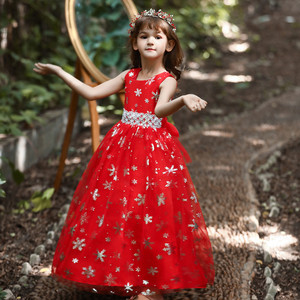Vestido rojo de Navidad para niñas, vestido largo de princesa sin mangas con estampado de copos de nieve para fiesta, actuación, traje de boda - Product Image 2