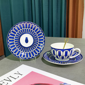 Klein High Beauty Eco-Friendly 200ml Modern Ceramic Blue Mark Coffee <b>Cup</b> with <b>Saucer</b> for Couple Afternoon <b>Tea</b> - Product Image 4