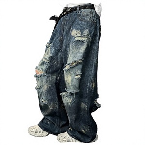 Pantalones Vaqueros Anchos Rotos para Hombre, Cintura Media, Lavados, con Bordes Deshilachados, Estilo Urbano - Product Image 4