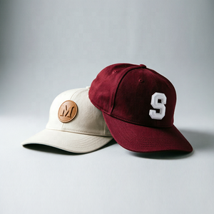 Custom Leather Patch Embroidery Letter M Beige Baseball Cap Cotton Flat Brim Vintage <strong>Hat</strong> Wholesale 25MOQ - Product Image 2
