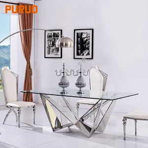 Square tempering glass dinner stainless steel frame dining table for living room