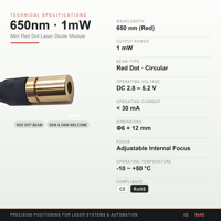 Module de diode laser à point rouge 650 nm 1 mW, mini 6x12 mm focalisable pour l'alignement et la visée industrielle