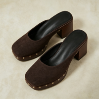 Chaussures Sabots Femme Marron en Faux Daim à Bout Carré, Ornées de Clous Dorés, à Plateforme et Talon Carré Épais, à Enfiler, Personnalisables