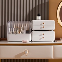 Organisateur de maquillage de luxe moderne et minimaliste en plastique, anti-poussière, avec couvercle rabattable et tiroirs pour coiffeuse, cosmétiques et soins de la peau
