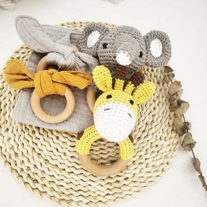 Manta de muselina de algodón para bebé, mordedor de madera con Orejas de conejo, conjunto de sonajero de elefante de ganchillo, conjunto de regalo para bebé, superventas - Product Image 3