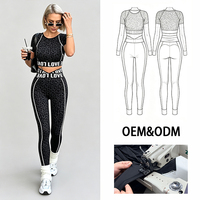 Ensemble de sport sans couture motif léopard noir avec haut court à bande LOVE et leggings taille haute à passepoil contrastant pour femme, extensible, tenue de sport