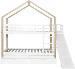Lit superposé avec toboggan et échelle <span class=keywords><strong>d</strong></span>'<span class=keywords><strong>angle</strong></span> à trois étages et 2 tiroirs Lit de maison avec protection contre les chutes Cadre de lit en bois massif blanc - Product Image 4