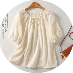 2026 Neue Sommer Großhandel Blumenbestickte Baumwoll-Leinen Französisch-Schicke Mori Girl T-Shirts mit Bindekragen und Losen Raglanärmeln für Damen - Product Image 3