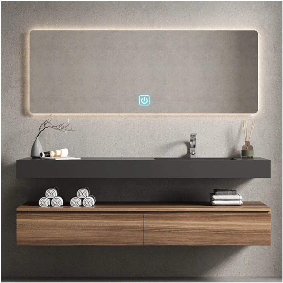 Cermin kamar mandi kombinasi kabinet kayu baskom terintegrasi cermin pintar sistem lampu led gaya minimalis