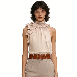 Women's Ruffled Halter Neck Satin Blouse - Sleeveless High Neck <b>Top</b> With Asymmetrical Ruffle Trim Shirt Fashion - Product Image 5