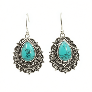 Pendientes Colgantes Vintage E4027 con Turquesa y Engaste de Plata Antigua, Joyería para Uso Diario de Mujer - Product Image 1