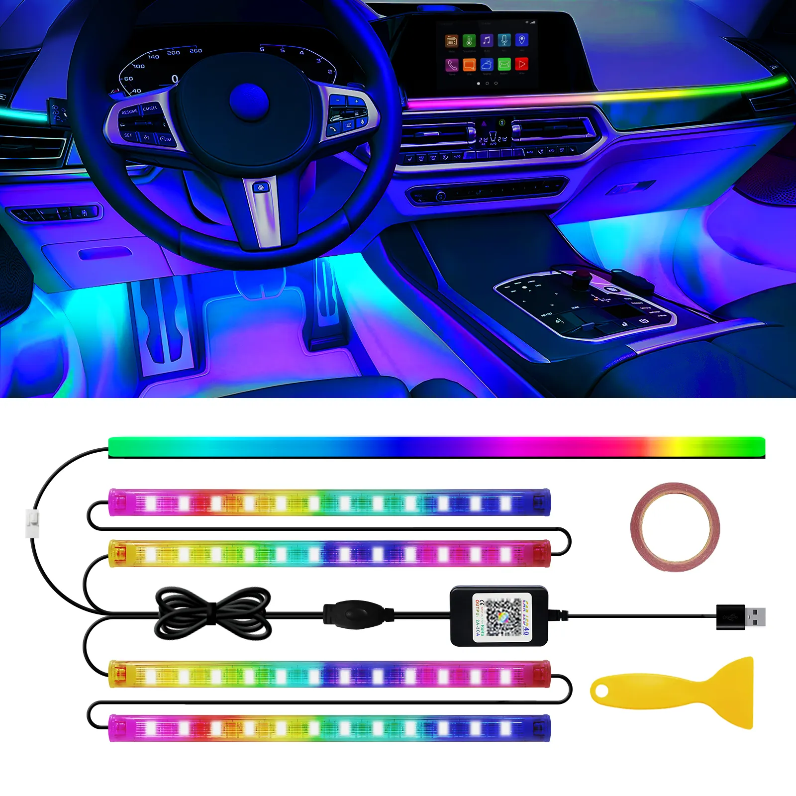 Fluide néon LED bande lumineuse de voiture APP contrôle RGB Flexible LED Auto atmosphère ambiante lampe décorative