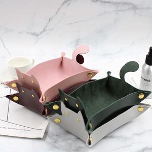 Cute Lovely Cat Shaped PU Leather Single Tier <b>Foldable</b> Dice Tray <b>Desk</b> Organizer for Keys Watches Coins Jewelry Table Storage - Product Image 1