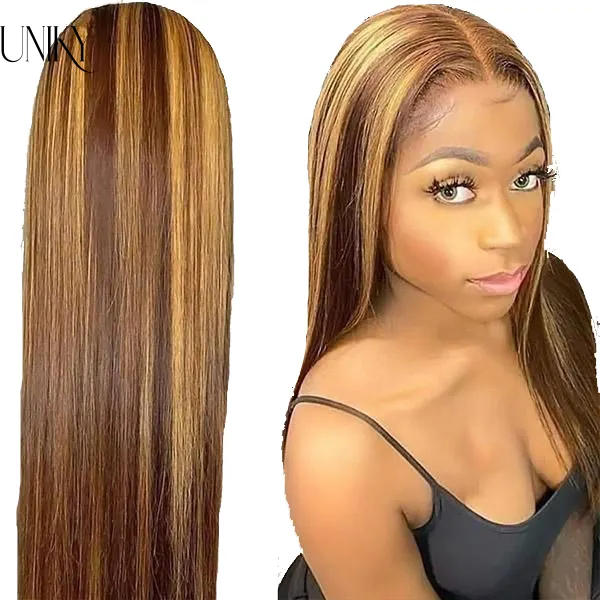 Uniky Wigs महिला मानव बाल फीता सामने Wigs प्रकाश डाला 1b शहद भूरे रंग सीधे बॉब मानव बाल फीता सामने Wigs