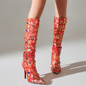 Size 45 Colorful Diamonds Side Zipper Women's Winter Western Knee High <b>Boots</b> Satin Upper Metal Buckle Super High Heels - Product Image 2