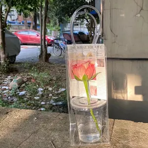 Logo Kustom PVC Tebal Bunga Bunga Tas Tangan Bening Transparan DIY Hadiah Bunga Tas Plastik Tote dengan Kancing dan Bohlam Lampu