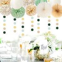 Décorations de fête de bienvenue pour bébé en vert sauge et blanc - Lanternes en papier, guirlandes, bannière, pompons en papier, fleurs, éventails, guirlande