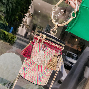Venta al por mayor vintage paja embrague bolsa bolso colorido cilíndrico de moda de señora bolso - Product Image 3