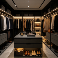 Armoire de luxe sur mesure avec éclairage chaleureux et îlot central, écologique et durable, pour dressing de villa
