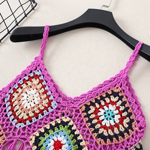 Ventas calientes Mujeres Summer <span class=keywords><strong>Granny</strong></span> Square Hecho a mano Crochet Fringe Crop Top Cover up Vest - Product Image 4
