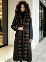 Janveny 2026 Nouvelle Veste d'Hiver à Capuche en Vraie Fourrure de Renard Naturelle et Mélange de Laine pour Femme, Ceinturée, Longue, Chaude, en Cachemire et Laine Fourrée